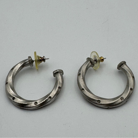 Jewelry - Vintage Pewter Twisted Hoop Earrings 1.5” Rhinestone Accents